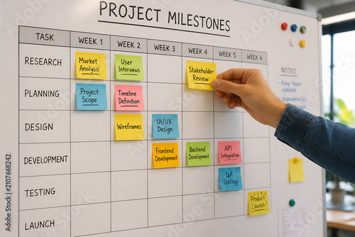 A project milestone chart is displayed on a whiteboard in an office setting.