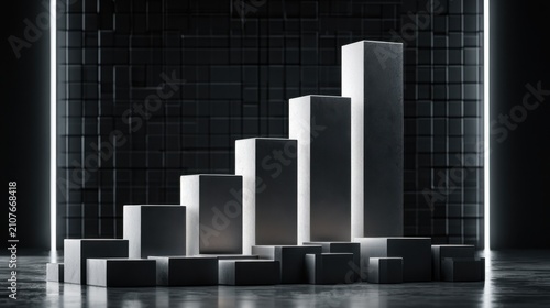 Monochrome minimalistic ascending bar graph composed of seven rectangular blocks in a dark industrial setting with dramatic lighting and textured background