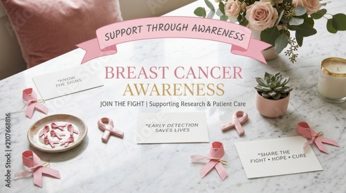 Elegant breast cancer awareness flat lay featuring pink ribbons and message cards on marble surface with soft roses and greenery, showcasing support for medical research and health campaign services.