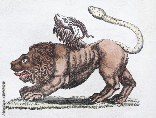 Chimera or Chimära, mythical creature, hand-coloured copperplate engraving from Friedrich Justin Bertuch's picture book for children, Vienna 1801