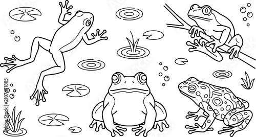 Canvastavla Frog and toad pond life line icon set featuring lily pad water ripples tree bran