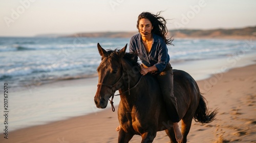 Happy young woman riding brown horse on the beach at sunset