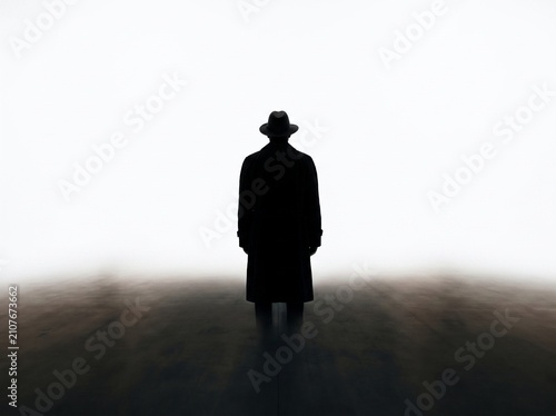 Silhouette of mysterious man in hat and trench coat standing in dark fog