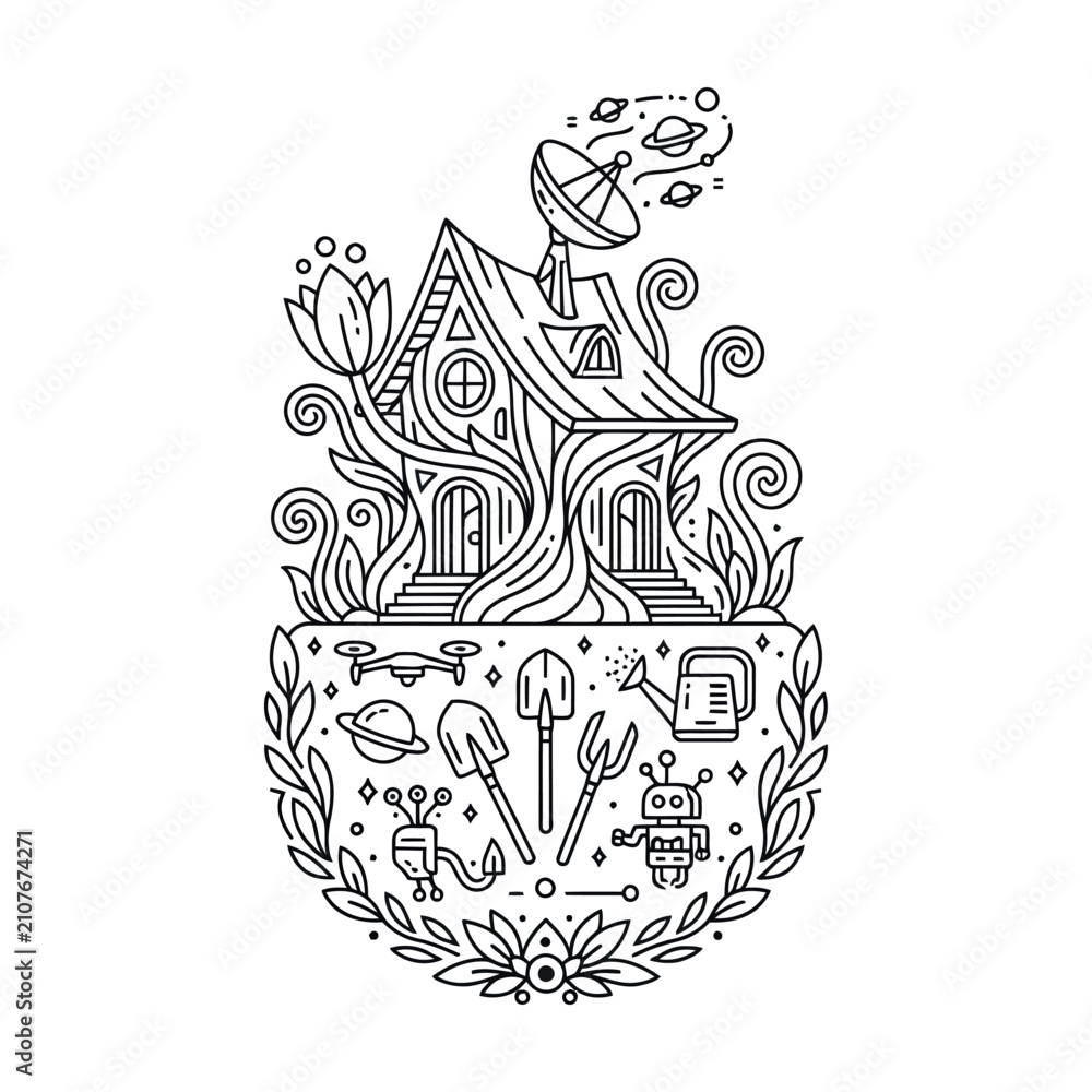 Fototapeta premium Futuristic eco house line art, sustainable smart home with satellite dish and garden tools, sci-fi cottage vector illustration