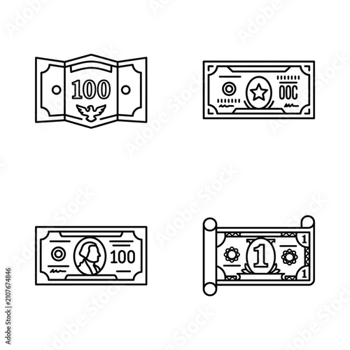 Obraz na płótnie Collection of illustrated currency bills showcasing various denominations and de