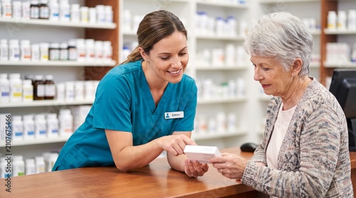 Pharmacist assisting an elderly woman with a prescription at the counter in a pharmacy
