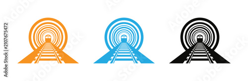Konstfotografi Train Tunnel Icon Vector  Set with Railway Tracks and Approaching Locomotive Silhouette in Orange, Blue, and Black Minimalist Flat Design Style Isolated on White Background for Transportation