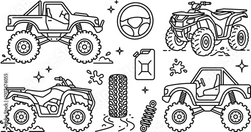 Foto Off road vehicle vector icon set featuring monster truck atv quad bike tire line