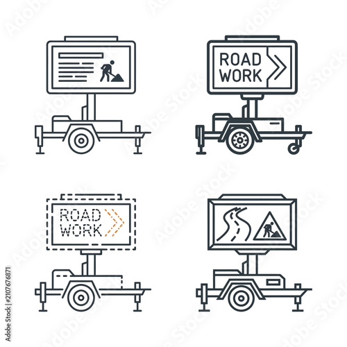 Fotografía Four construction road work signs on trailers, indicating ongoing road maintenan