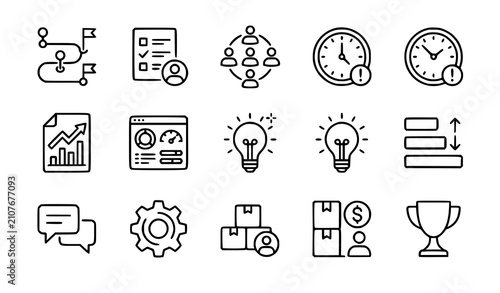 Modern project coordination and task management thin line icons collection vector illustration