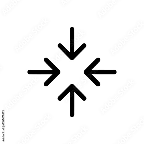 Four arrows pointing inward icon. Symbol representing convergence, zoom in, compression, focus, or central direction, graphic pictogram for design and interface.