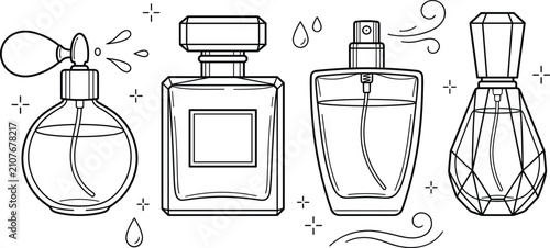 Foto Perfume vector icon set featuring bottle atomizer spray geometric glass flask li