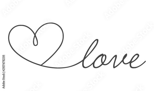 Konstfotografi Continuous line art illustration of a heart shape with the word love continuous