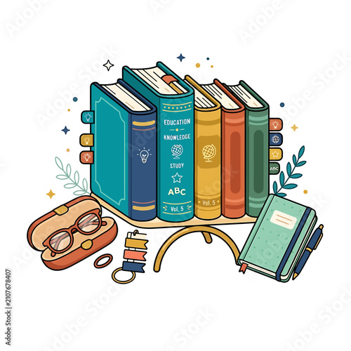 Stack of colorful books with reading glasses. Education and literature vector illustration.