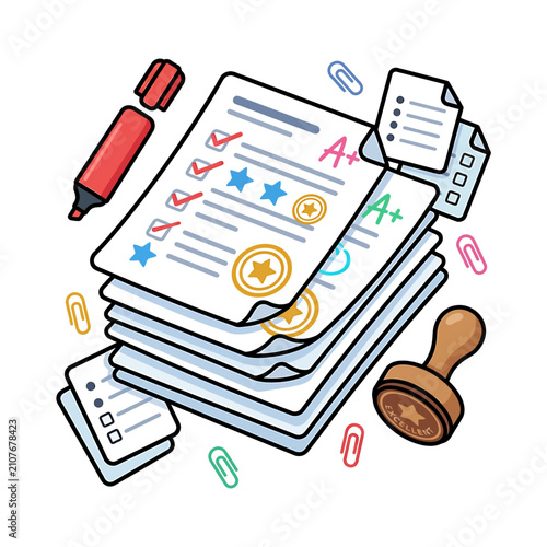 Graded school assignments with A plus marks. Stack of exam papers with teacher feedback.