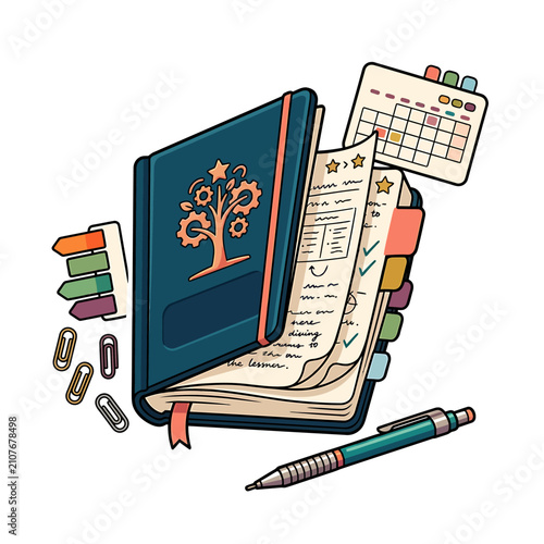 World Teachers' Day celebration with open journal and EU emblem. Flat vector icon of educator appreciation, school supplies, and calendar date.