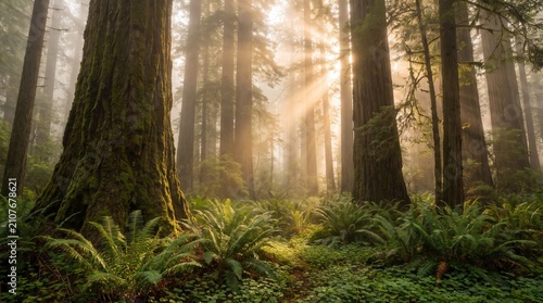 Enchanting morning sunlight piercing through the dense canopy of an ancient redwood forest, creating mystical god rays on the lush green ferns below.