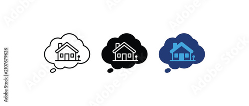 Dream home thought bubble icon set, house inside speech bubble symbol, real estate property thinking sign, residential desire graphic. Vector illustration
