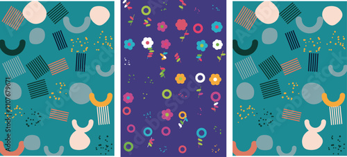Triptych of colorful abstract patterns with geometric shapes and playful elements, abstract