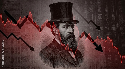 Vintage businessman portrait with stock market graph background.