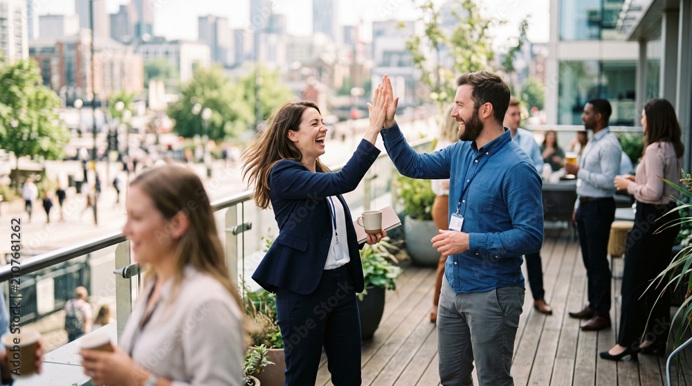 Obraz premium Happy cheerful business colleagues high fiving on modern outdoor office balcony