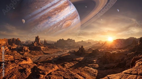 Epic science fiction landscape showing a rugged alien desert world with a massive ringed exoplanet dominating the sky at sunrise.