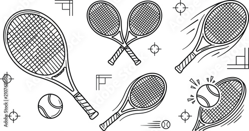 Obraz na płótnie Tennis racket and ball line art vector icons set with crossed racquets swing mot
