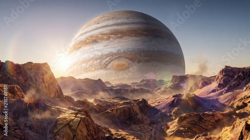 Spectacular view from the surface of an undiscovered exoplanet, showing a rugged rocky landscape and a massive gas giant filling the horizon.