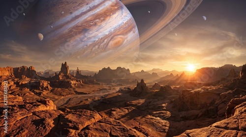 Breathtaking extraterrestrial terrain featuring rocky mountains and a spectacular view of a giant ringed planet in the alien sky during sunset.