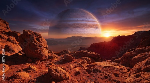 Stunning science fiction panorama of a distant rocky exoplanet with a massive beautiful ringed planet and a glowing star on the horizon.