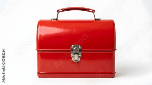 Red vintage metal lunch box isolated on white background