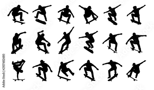 Canvas-taulu Dynamic Skateboarder Jump Trick Silhouette Vector Collection