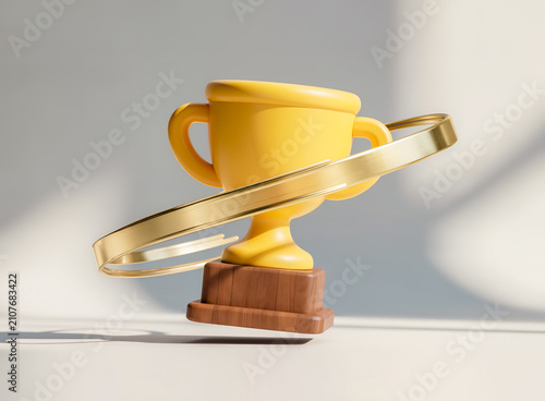 Golden trophy cup with a magnifying glass on a background