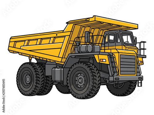 Yellow industrial dump truck illustration. Heavy mining vehicle isolated on white background.
