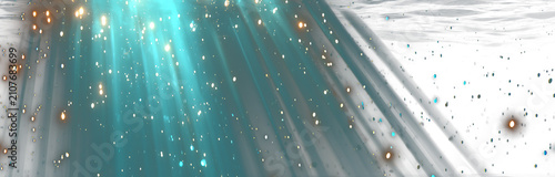 Ethereal blue light rays with glowing particles and soft mist diffusion