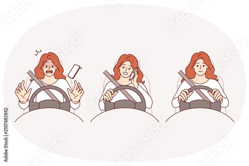 Woman gets into car accident because she makes phone call driving and violates traffic rules. Girl makes mistake and becomes victim of car accident, risking life due to use of smartphone.