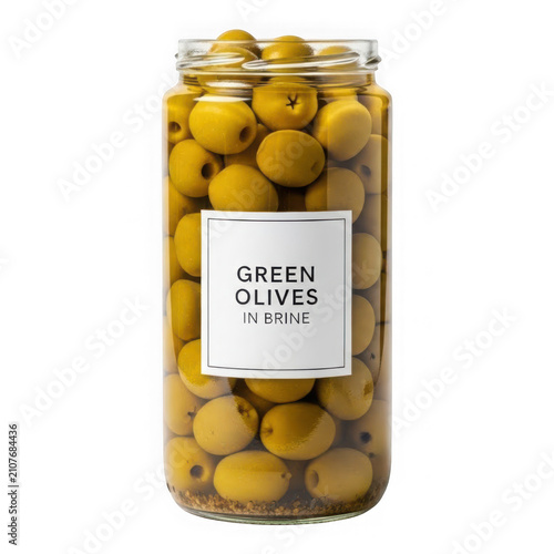 Jar of green olives in brine isolated on transparent background