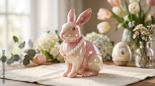Elegant pink ceramic bunny figurine wearing a pearl necklace