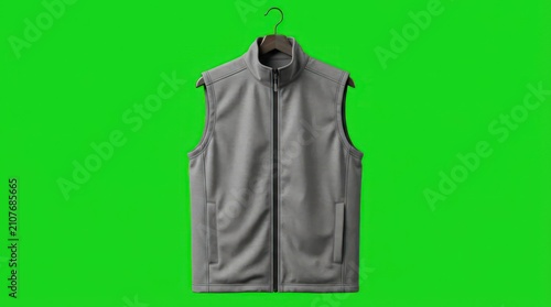 Grey zip up vest hanging on a wooden hanger