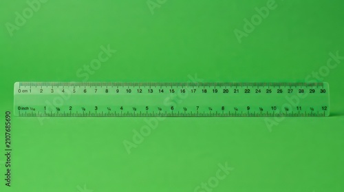Transparent plastic ruler isolated on green background