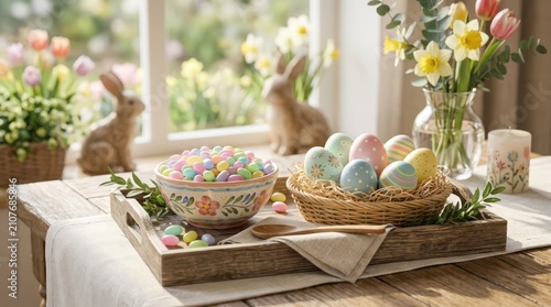 Easter morning treat tray with eggs and candy