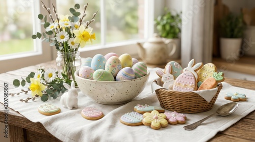 Easter holiday table with decorative eggs and cookies