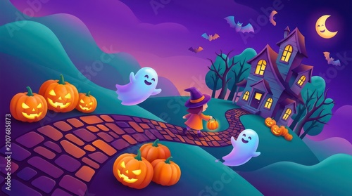 Cute cartoon halloween scene with witch and ghosts