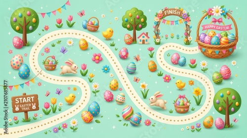 Colorful cartoon easter trail map with eggs and rabbits