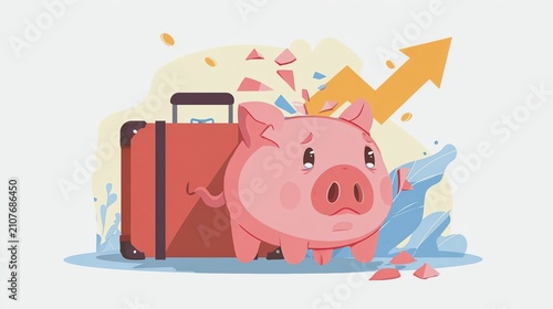 Piggy bank with luggage, saving for travel dreams.