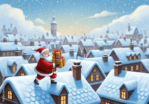 Santa Claus Delivering Gifts on Snowy Rooftops in a Winter Village.