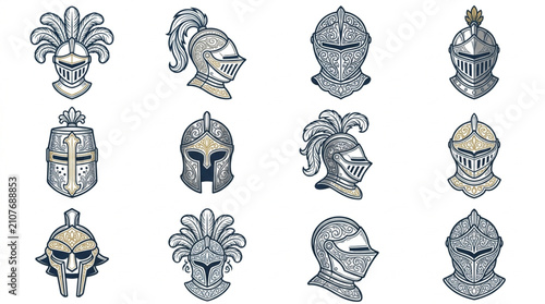 Foto Collection of ornate medieval knight helmet illustrations.