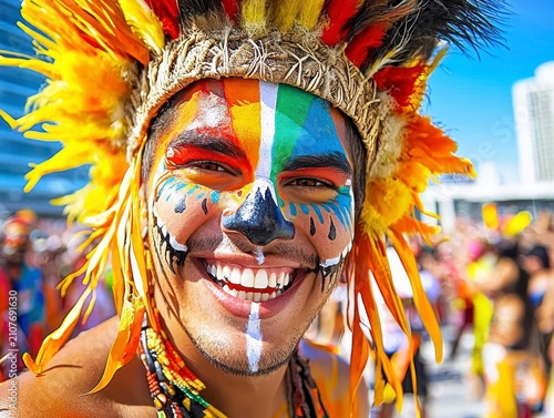 Vibrant Cultural Festival Portrait: Joyful Man in Colorful Face Paint and Feather Headdress