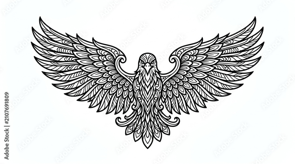 Fototapeta premium Detailed Black and White Eagle Illustration with Spread Wings.