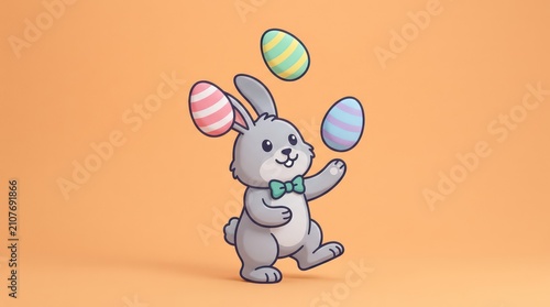 Cute cartoon rabbit juggling colorful easter eggs